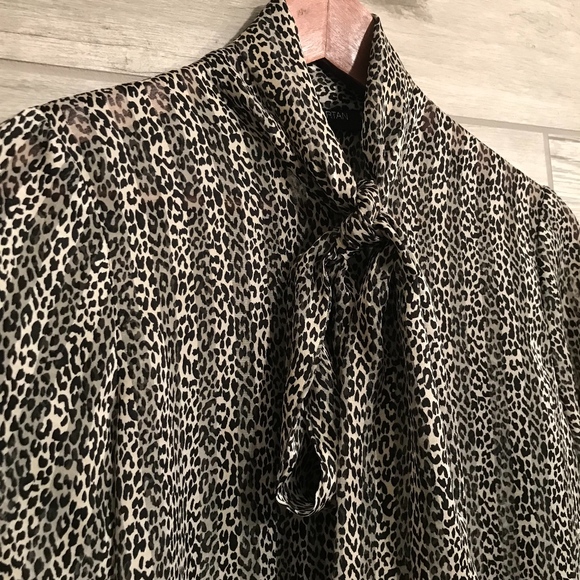 Pink Tartan Leopard Print Tie Neck Blouse Sz 0 XS - Picture 3 of 8